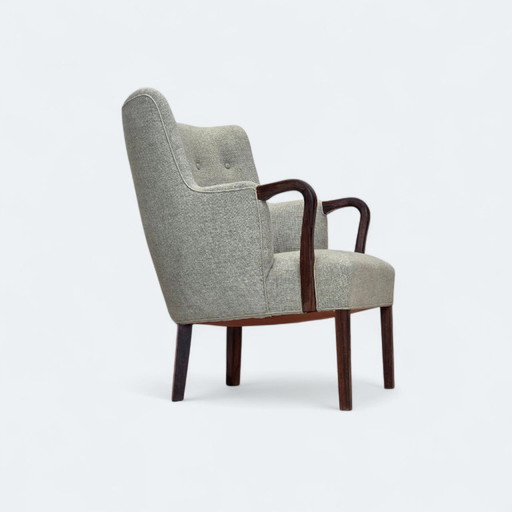 Fauteuil danois des années 1960, laine d'ameublement gris clair d'origine, bois de teck massif.