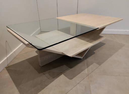 Travertine coffee table with glass