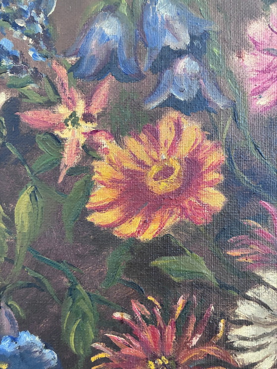 Image 1 of Vintage original floral oil painting with blue and white vase