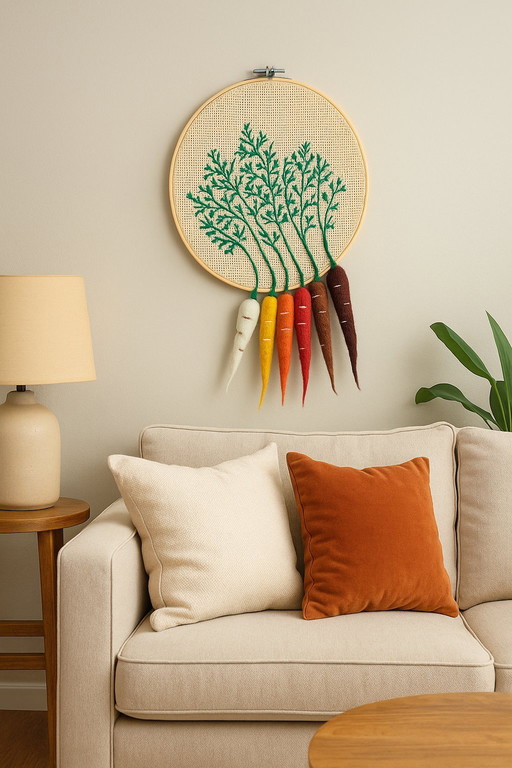 Hand-Embroidered Carrot Wall Art – Wool & Thread Hoop (27 cm)