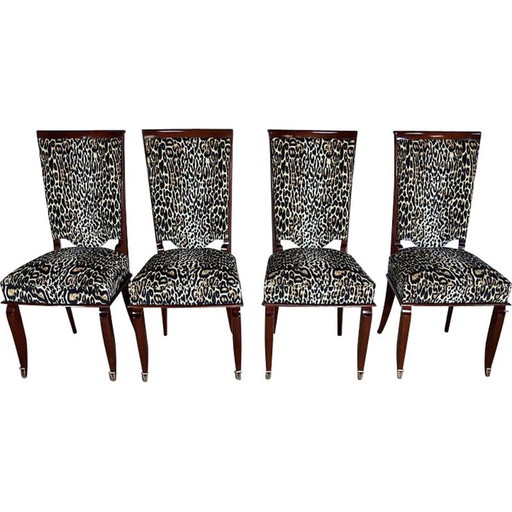 Set of 4 vintage solid beechwood and leopard print chairs, 1960s