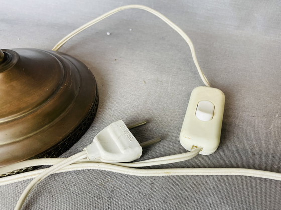 Image 1 of Art Deco Vintage Ornate Brass Table Lamp with Blue Glass Inserts, 1930s