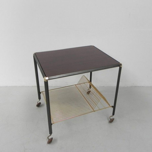 Vintage coffee table on castors, singles rack - 1960s