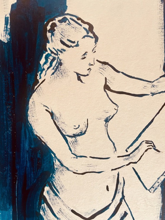 Image 1 of Indigo Blue Ink Painting "Female Model Drawing in the Painter's Studio"