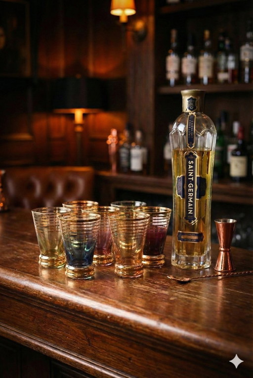 Set van 6 vintage likeurglazen met gekleurde en gouden rand uit de jaren 60.