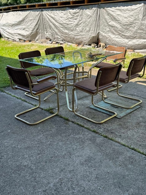 Italian Brass Dining Set with Table and Chairs, 1970s, Set of 7 – Glass, Hollywood Regency (photo 6 of 7)