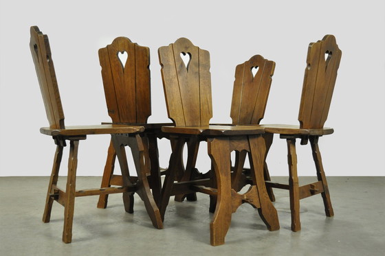 Image 1 of Vintage BRUTALIST oak handmade farmhouse dining chairs, 1930s Netherlands