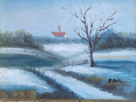 Image 1 of Antieke miniatuurschildering, winterlandschap, olieverf op hout, F. Roch