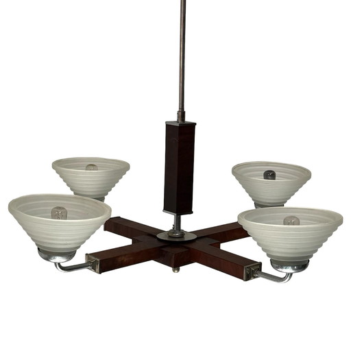 Art deco kroonluchter - Ca. 1930, Tsjecho-Slowakije - Satijnglas, walnootfineer en verchroomd metalen frame - 4 lampen