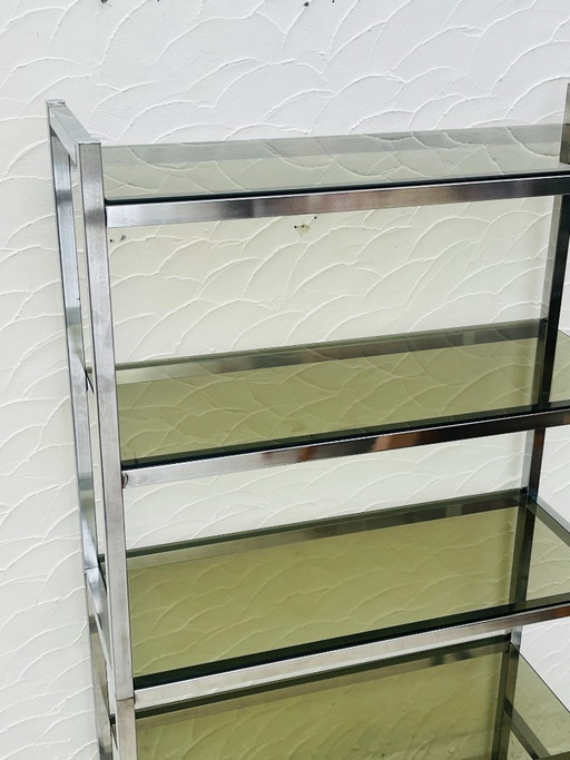 Mensola vintage di design italiano in cromo e vetro fumé degli anni '70.