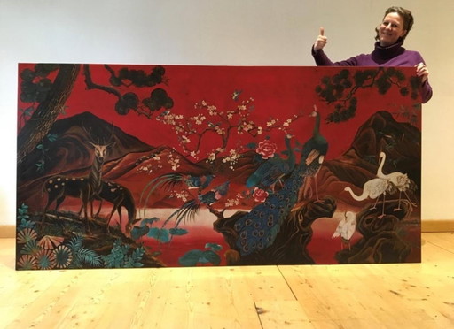 XL Panneau mural asiatique vintage avec paysage de montagne et oiseaux