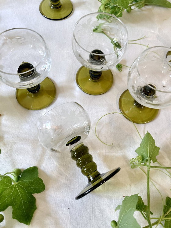 Image 1 of 6 small Roemer liqueur glasses, moss green stepped stems