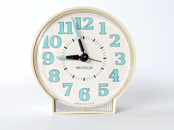 Image 1 of Vintage 1970s Westclox Alarm Clock | Cream and Turquoise, Made in USA