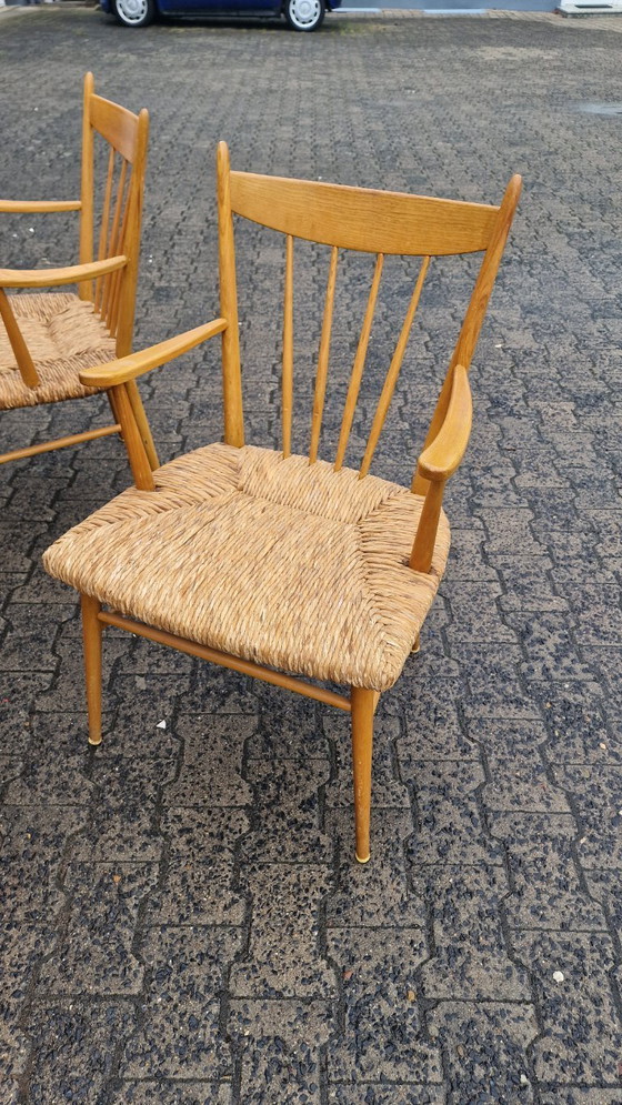 Image 1 of Juego de comedor de los años 50, madera de haya y caña – 6 sillas + banco, estilo Arno Lambrecht