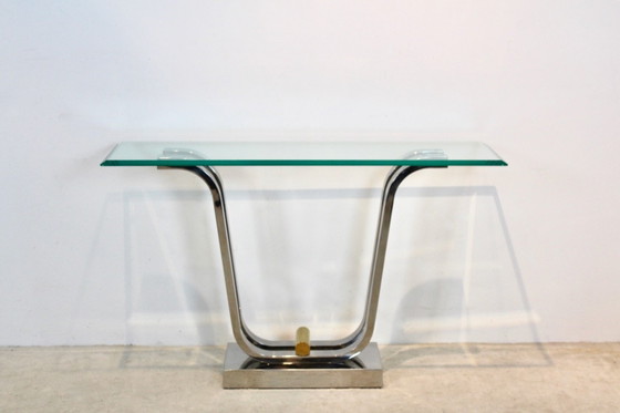 Console Minimaliste Courbée en Acier Inoxydable, Laiton et Verre, Doré (photo 4 sur 12)