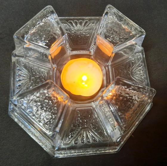 Image 1 of Art Deco Theelicht Houder – Kristalhelder Glas Meesterwerkje Vintage Glow