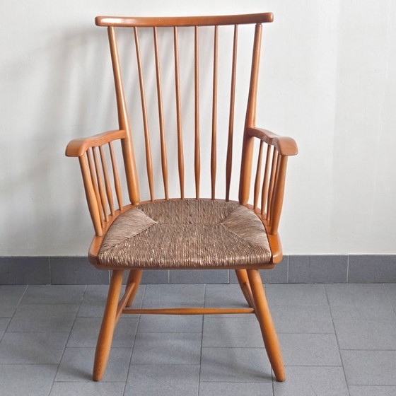 Image 1 of FAUTEUIL VINTAGE DE ARNO LAMBRECHT POUR WKS MOBEL 1950 EN HETRE & JONC 50S 1950S