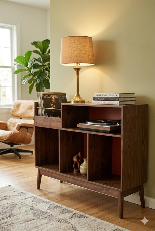 Platine vinyle et meuble à disques vinyle de style scandinave, style Mid-Century Modern