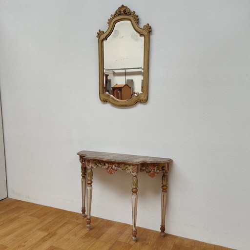 Italienisch Vintage Barock Rokoko Wandkonsole Beistelltisch mit Marmorplatte und Spiegel