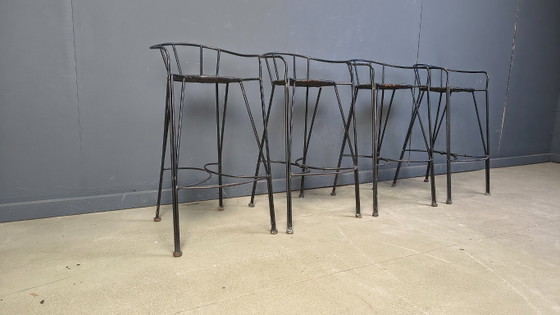 Image 1 of Tabourets de bar vintage en fer forgé et rotin, lot de 4 - années 1970