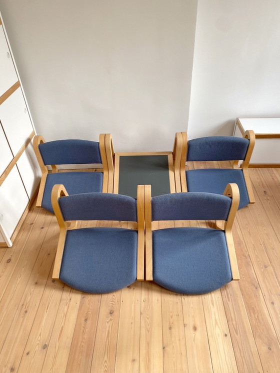 Vintage 4 Danish Wall Chairs + 1 Table Magnus Olesen – Chairs and lounge chairs, Textile, Wood (photo 7 of 14)