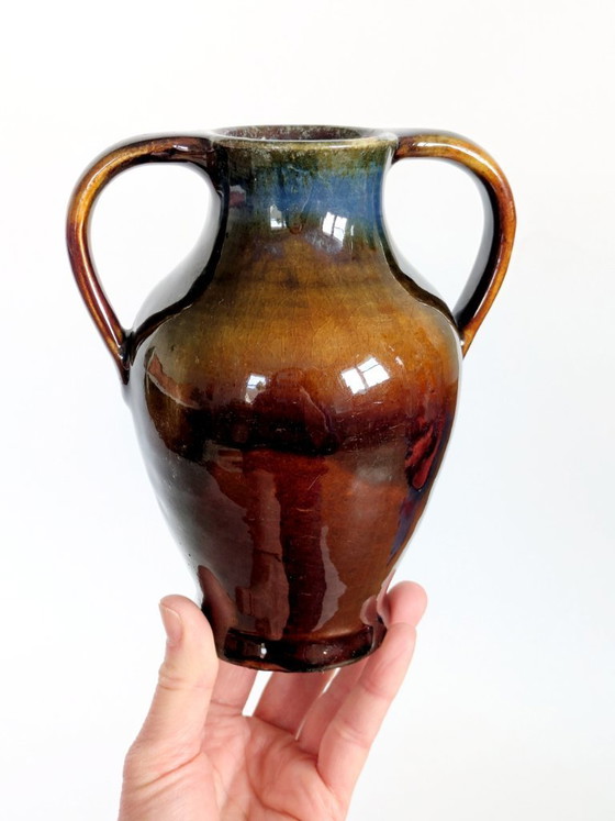 Image 1 of Anfora in ceramica vintage, smalto Fat Lava, decorazione da mensola in stile boho di metà secolo.