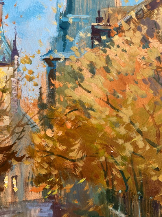 Image 1 of Original Oil Painting Autumn City Landscape The rustle of leaves underfoot