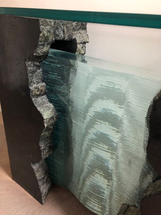 Image 1 of Vintage Roche Bobois consolewagen - Glazen gordijn met marmer