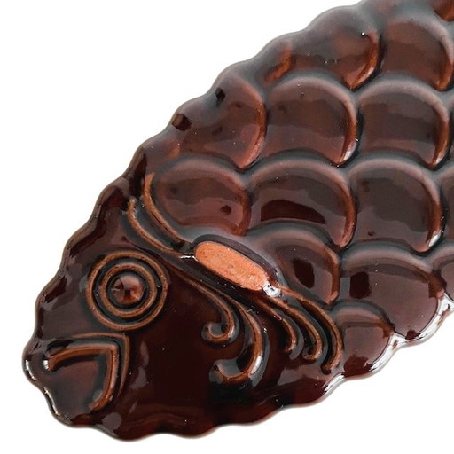 Piatto vintage a forma di pesce Scheurich Cerabac, ceramica della Germania occidentale, smalto marrone, anni '70