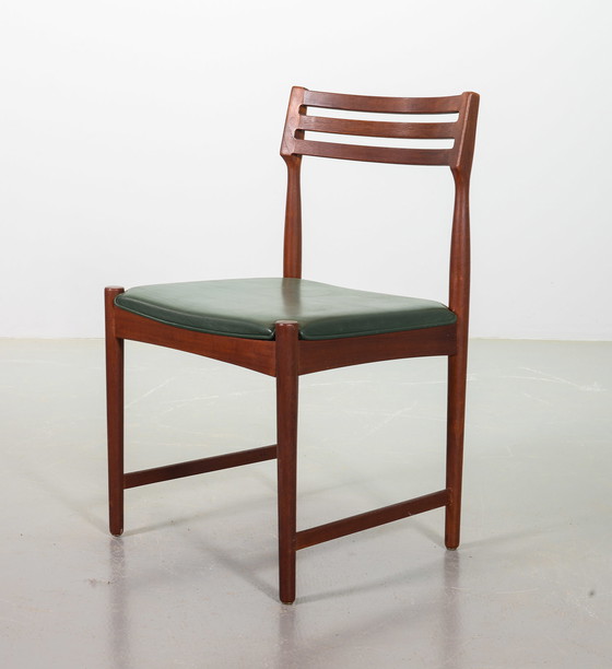 Image 1 of Bovenkamp Vintage Design Teak Wooden Dining Chairs with Racing Green Leather Seatings by Severin Hansen. Set of 4. Denmark, 1960