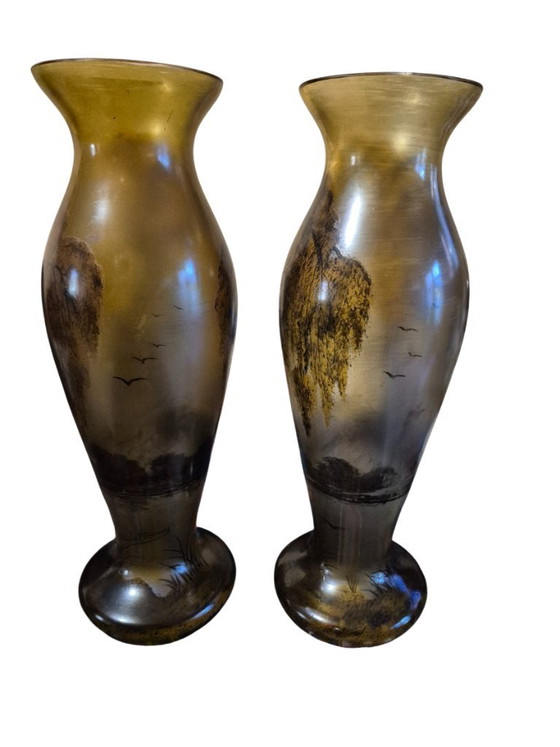 Pair of hand-painted glass Vases, Michel Nancy, Brown, Art Nouveau (photo 3 of 15)