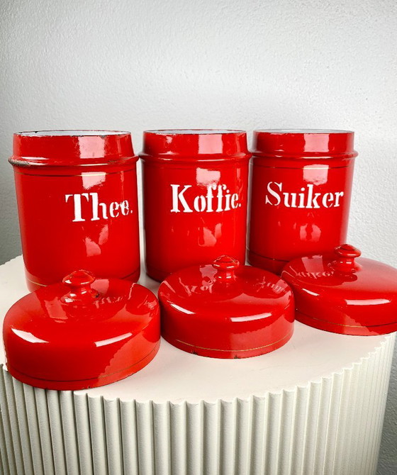 Image 1 of Vintage Red Kitchen Canisters for Tea, Sugar & Coffee  – Dutch Retro Enamel Kitchen Storage Tins – Old European Kitchen Storage 