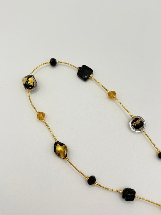 Image 1 of Murano Glass Necklace with Gold Leaf – Black Pearls and Crystal – Venetian Craftsmanship
