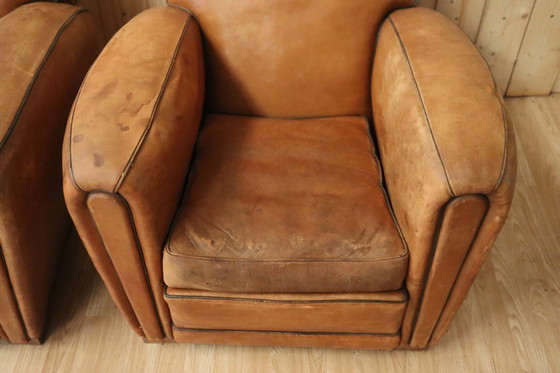 Image 1 of Coppia di poltrone club in pelle in stile Art Déco, anni '30