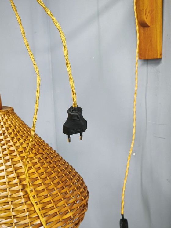 Czechoslovak Rattan and Wood Swing Arm Wall Lamp, 1960s, Wall lights, Brown (photo 5 of 12)