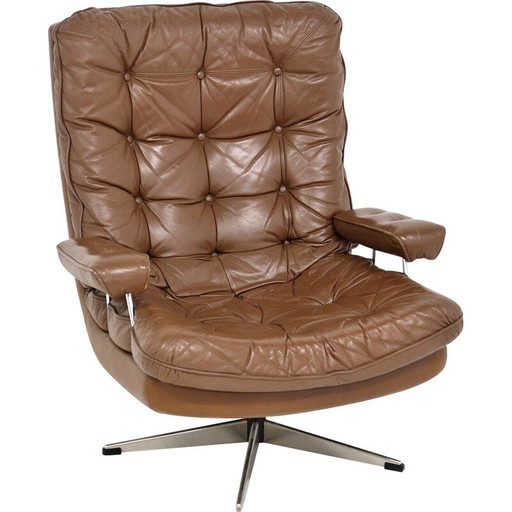 Poltrona girevole in pelle scandinava vintage, Svezia 1970