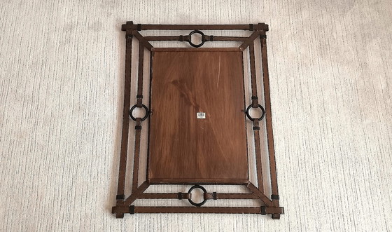 Image 1 of Iconic Large Mirror 1960's Design Jean-Pierre Ryckaert en Métal Façon Cuir Sellier à Surpiqures
