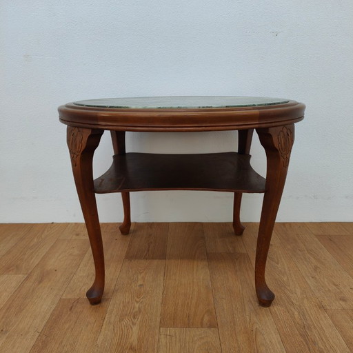 Vintage round wooden coffee table with onyx marble top