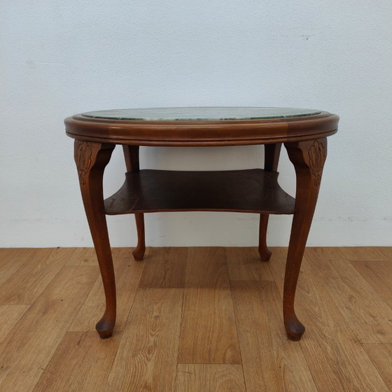 Image 1 of Vintage round wooden coffee table with onyx marble top