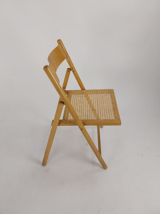Image 1 of 4 x Mid - Century folding chairs in beech with rattan webbing seat