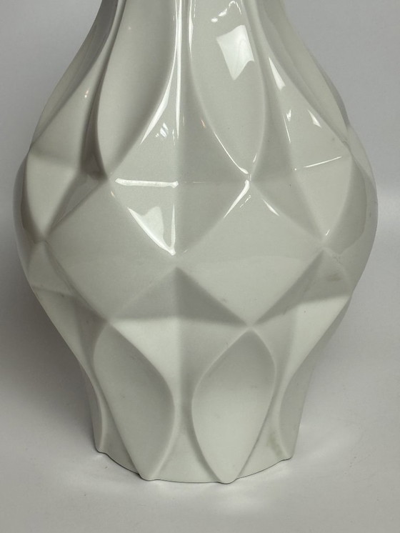Image 1 of Mid-Century Ceramic High Gloss Enamel White Porcelain Vase with Geometric Relief by Königlich privilegierte Porzellanfabrik.
