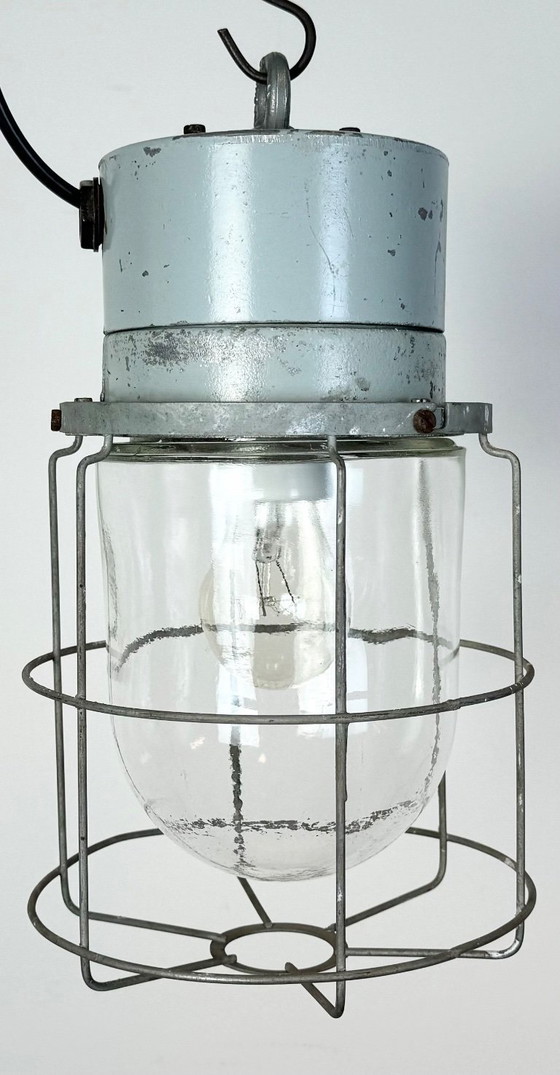 Image 1 of Lampada industriale a gabbia in alluminio con vetro trasparente di Elektrosvit, anni '70