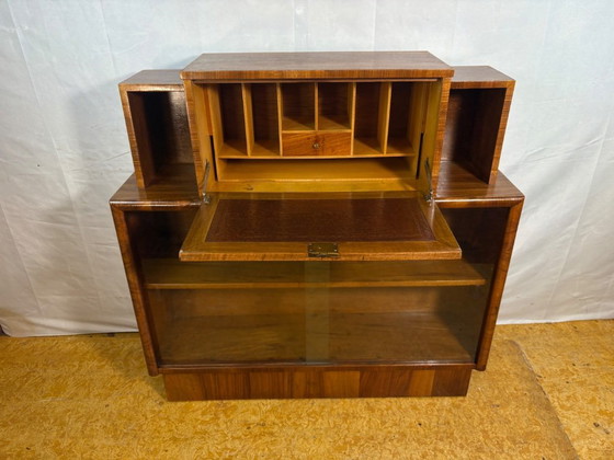 Vintage Art Deco bureau uit de jaren 1930 van wortelnotenhout met vitrinekast – Schrijftafel met klep aan de (photo 8 of 12)