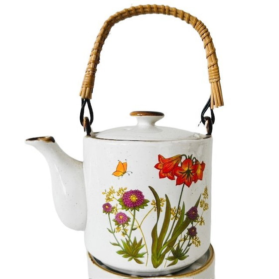Image 1 of Teiera in ceramica vintage e scaldavivande con fiori selvatici, stile rustico retrò anni '70.
