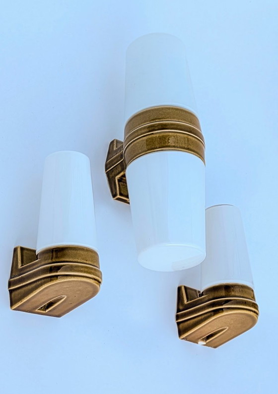 Image 1 of Mid-Century Matching Set of 3 Ochre Porcelain Wall Sconces (Models 6065 & 6080) by Sigvard Bernadotte for Ifö – 1960s