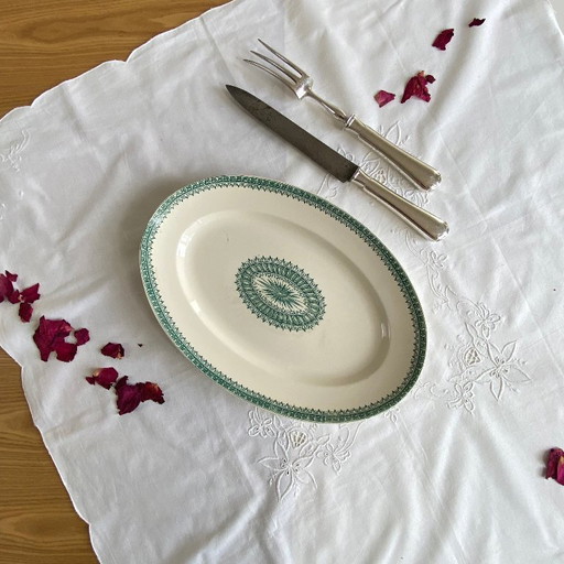 Oval serving platter, antique earthenware, Creil and Montereau ironstone, English service, green