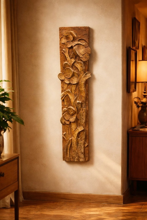 Image 1 of Vintage Wall Sculpture Floral Relief Metal Panel