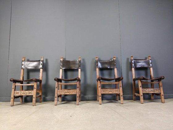 Image 1 of Vintage brutalist leather spanish dining chairs, 1960s