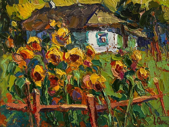 Image 1 of Original Oil Painting Country Flowers Landscape There are sunflowers in the yard