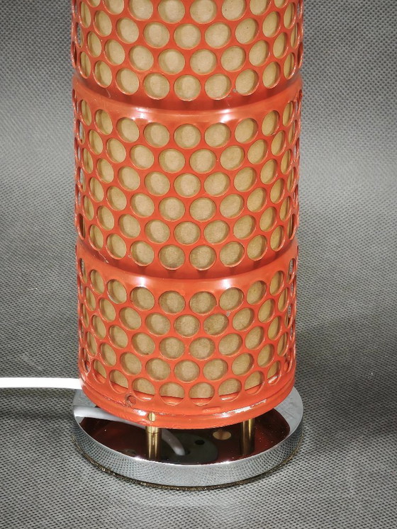 Pair of Red Perforated Metal Space Age Table Lamps, Czechoslovakia, 1970s, Chrome (photo 4 of 13)